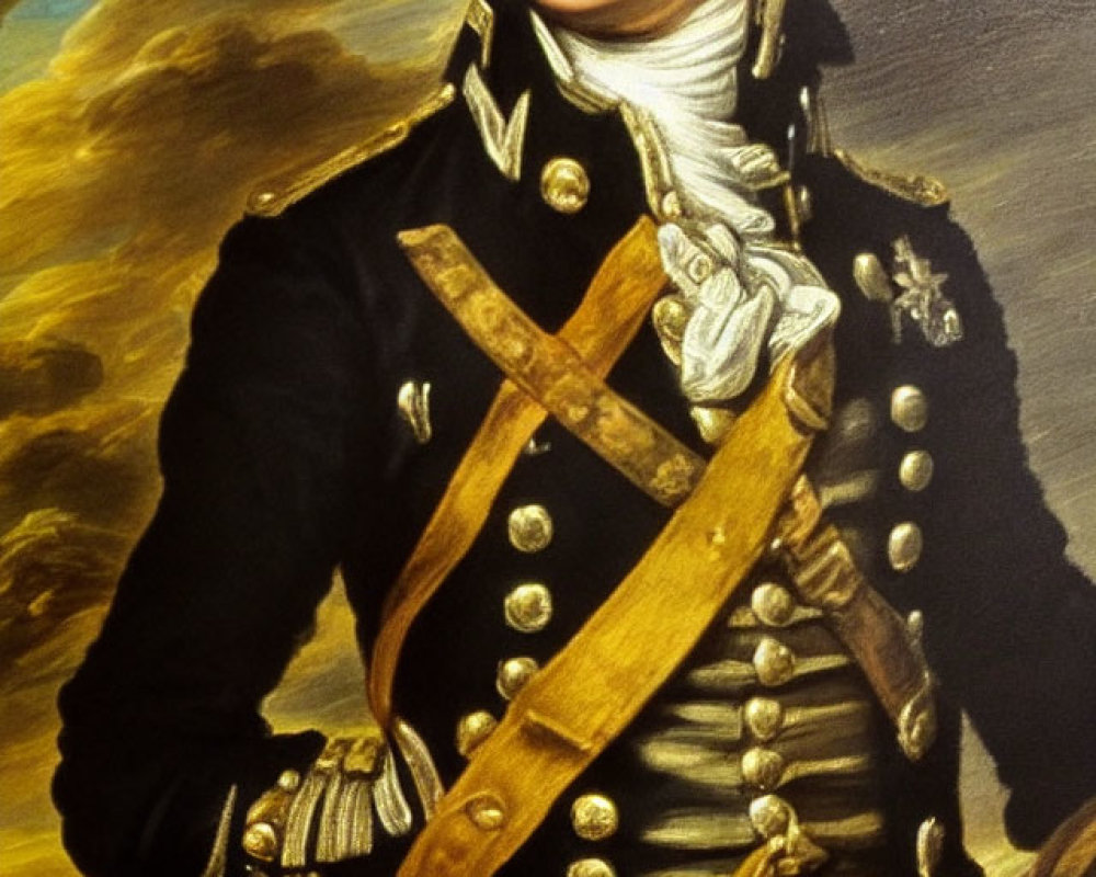 Young man in historical military attire with blue coat and gold buttons.