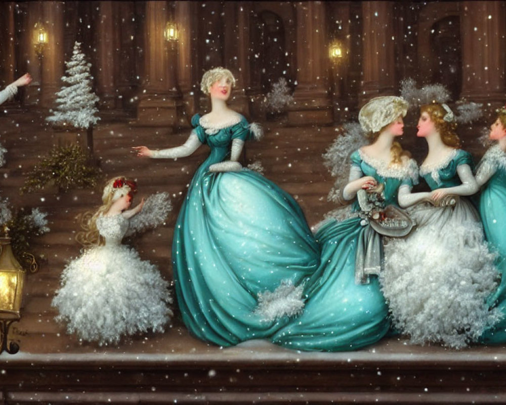 Four women in teal dresses and fur muffs in a winter snowfall scene