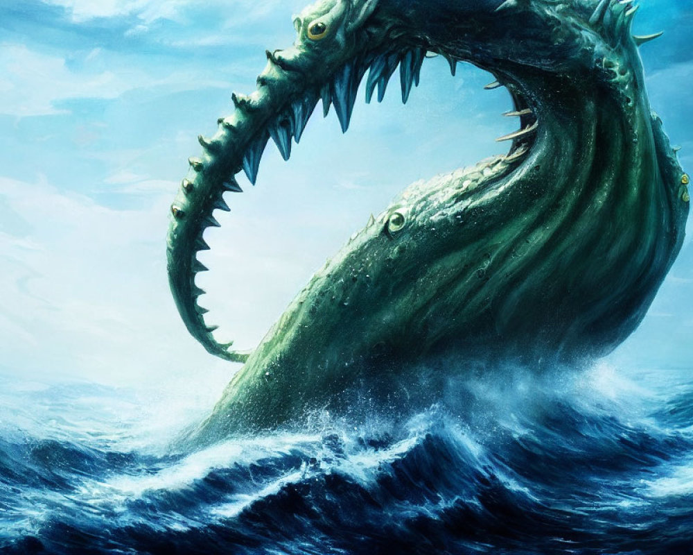 Gigantic sea creature with sharp teeth in turbulent waves