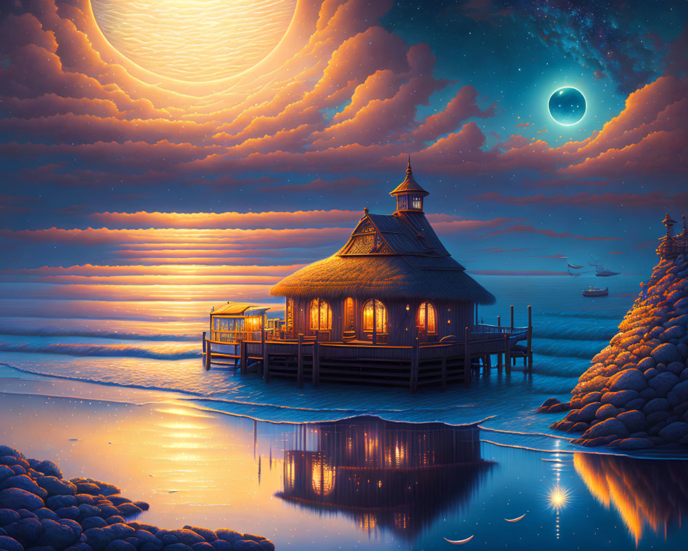 Seaside hut with thatched roof under starry sky and moonlight reflected on calm waters