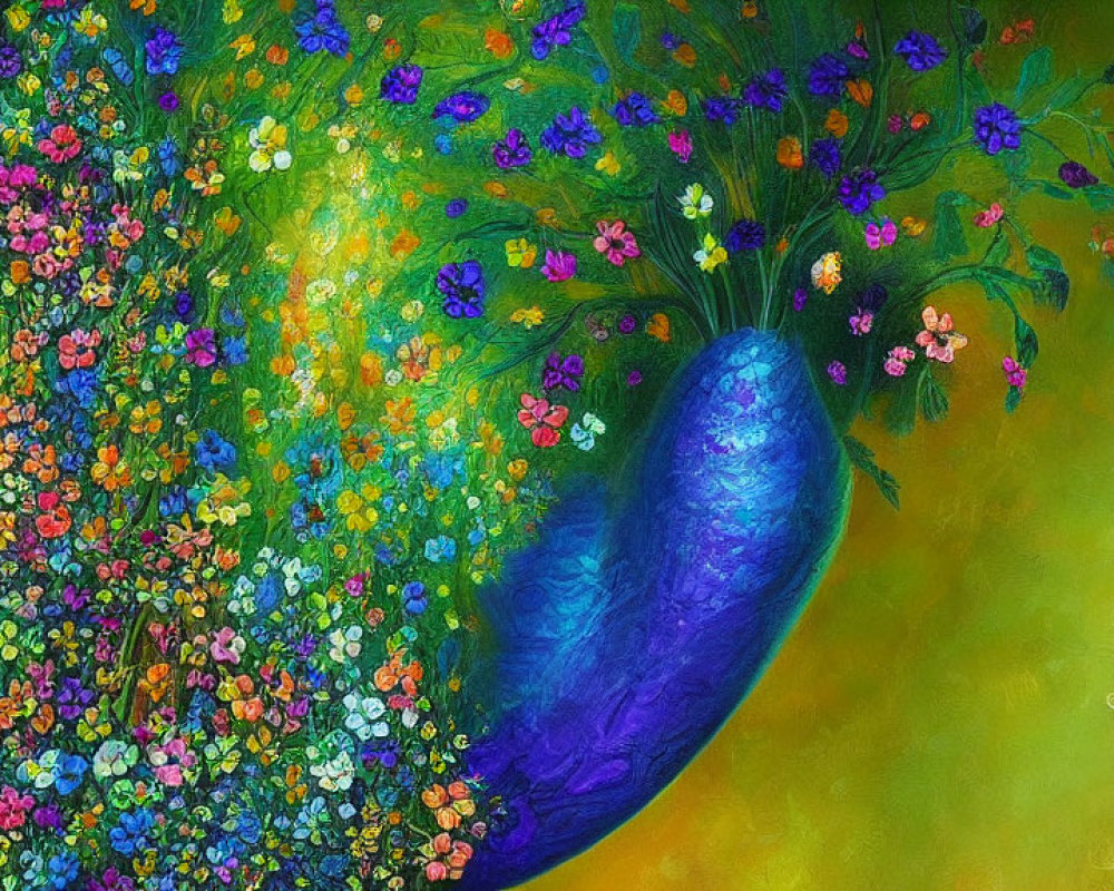 Colorful Abstract Painting: Blue Vase Overflowing with Flowers on Yellow-Green Background