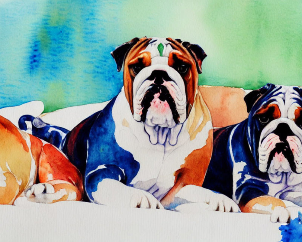 Vibrant watercolor painting of three lounging bulldogs