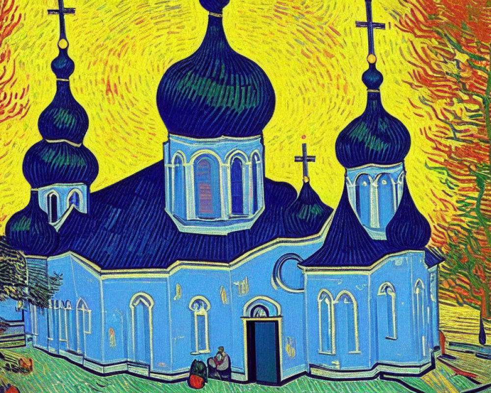 Expressionist Painting of Blue Orthodox Church with Black Domes in Swirling Sky