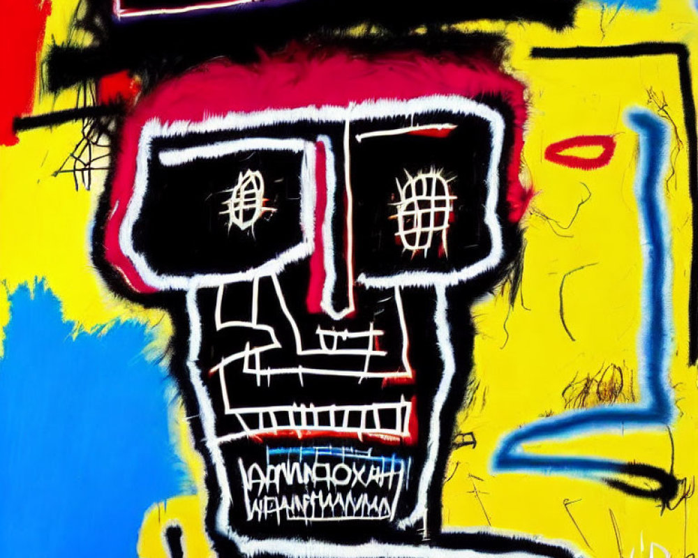 Colorful graffiti-style artwork: skeletal figure on blue and yellow background