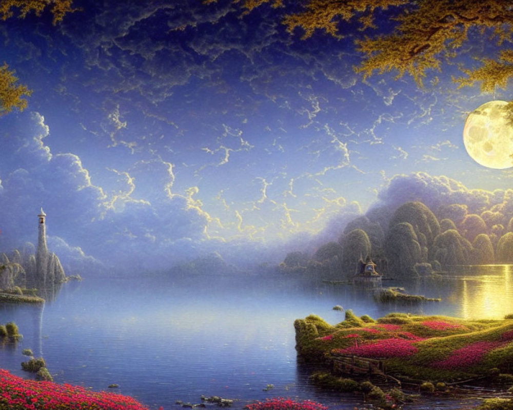 Tranquil fantasy landscape with full moon, serene lake, lush trees, vibrant flowers, and distant