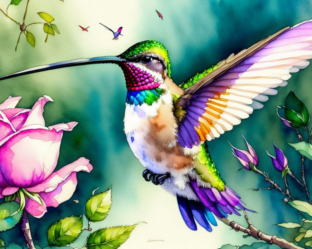 Colorful Watercolor Illustration of Hummingbird and Rose in Nature