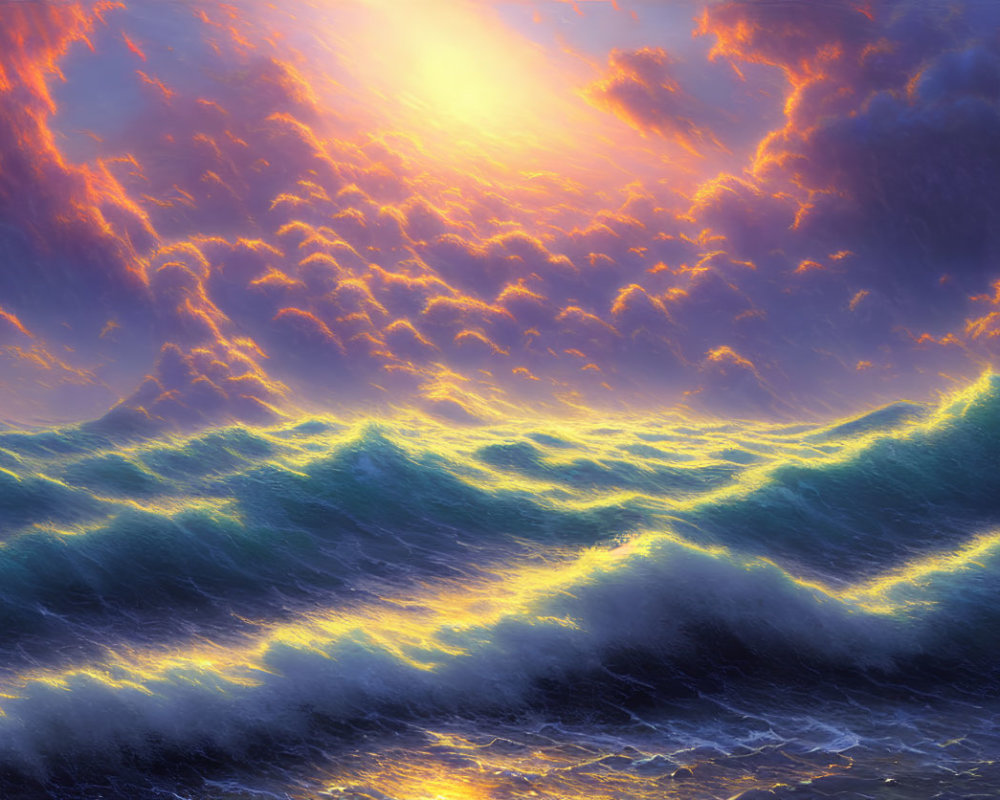 Sunlit clouds over tumultuous ocean waves in vibrant painting