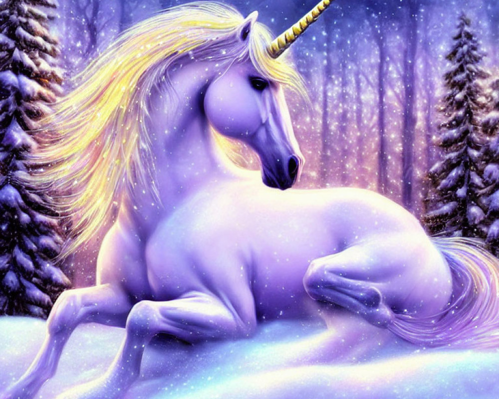 Majestic unicorn with golden mane in snowy forest under starry sky