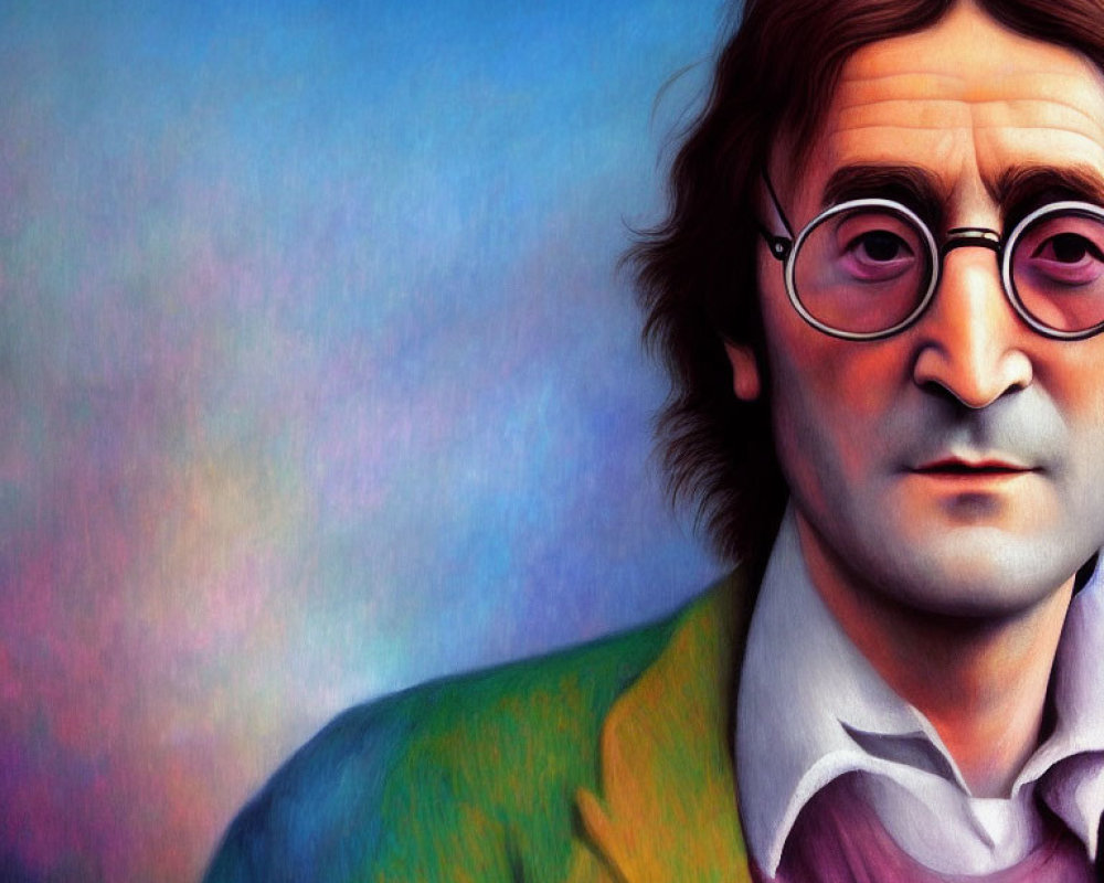 Vibrant portrait of man with round glasses and long hair on multicolored background