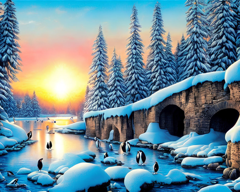 Winter scene with stone bridges, pine trees, river swans, and colorful sunrise