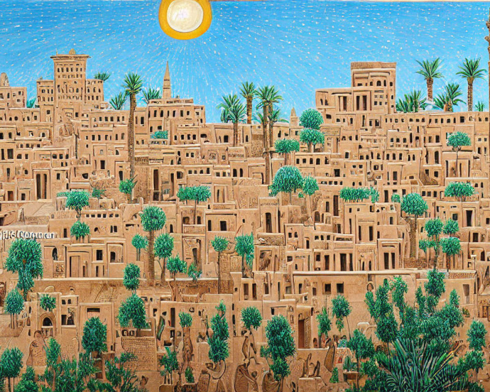 Detailed illustration of ancient Middle Eastern cityscape with mud-brick buildings, palm trees, and celestial elements