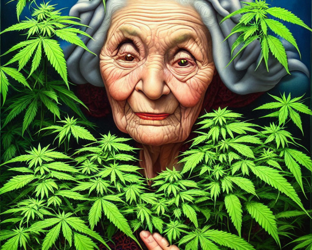 Elderly Woman Smiling Among Cannabis Plants