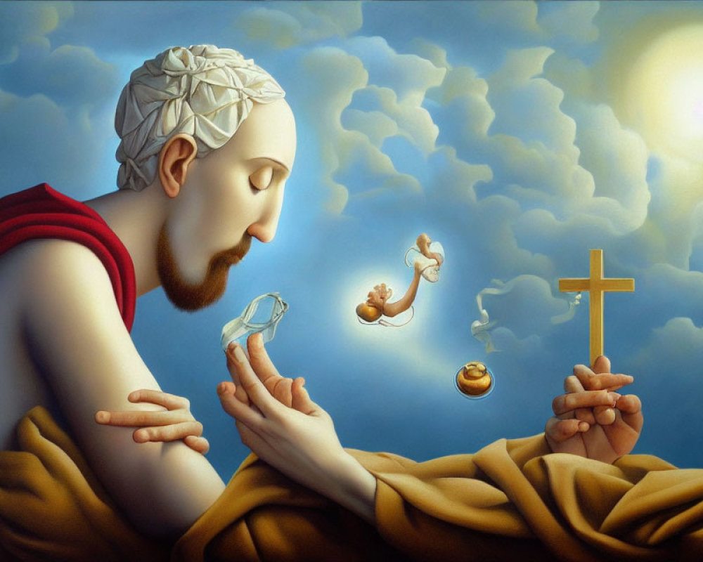 Surreal painting of robed figure with cross and symbolic objects against cloudy sky