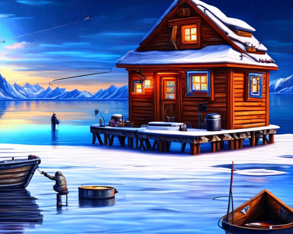 Rustic wooden cabin on snowy lakeside at dusk