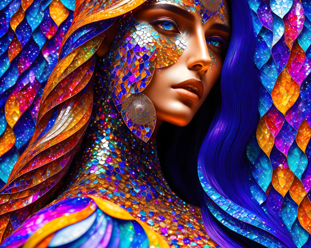 Multicolored mosaic skin and flowing blue hair digital artwork