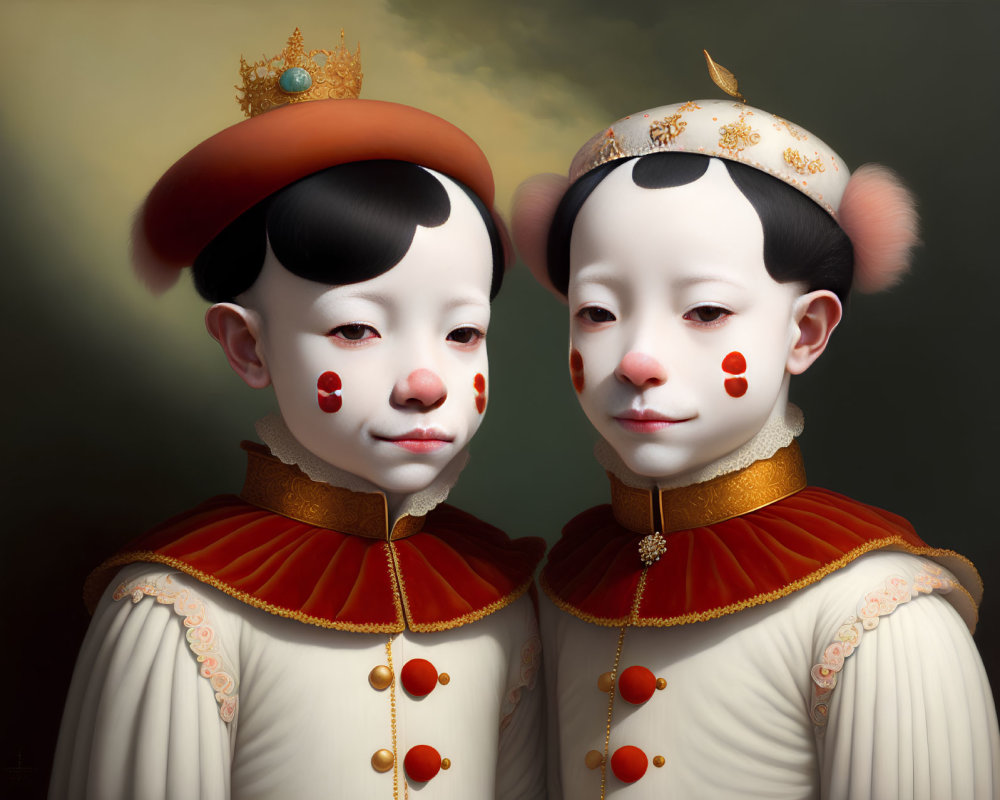 Stylized characters with porcelain-like skin in regal costumes and golden accents.