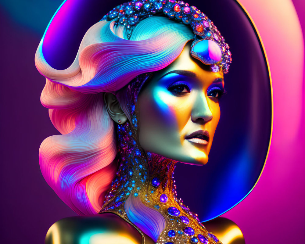 Colorful wavy hair and intricate jewelry on a woman in neon-lit digital portrait