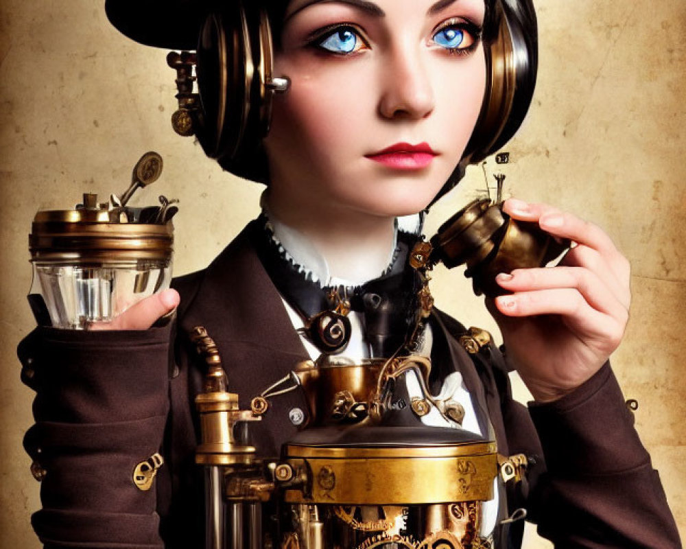 Steampunk-themed portrait with top hat, goggles, and mechanical corset.