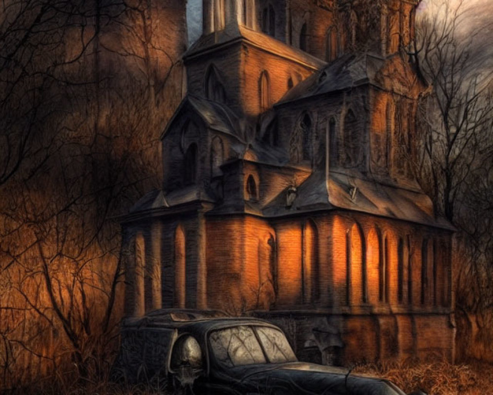 Gothic church, full moon, old car, gravestones: eerie scene at night