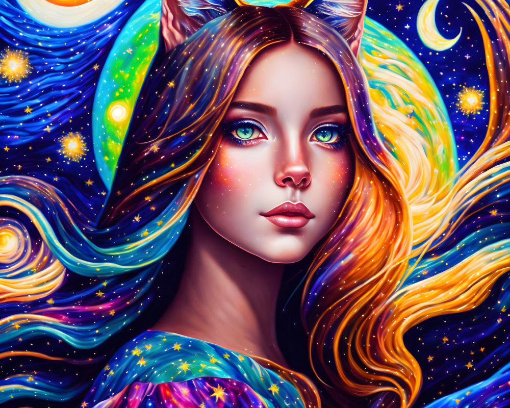 Cosmic portrait of woman with feline ears in vibrant setting