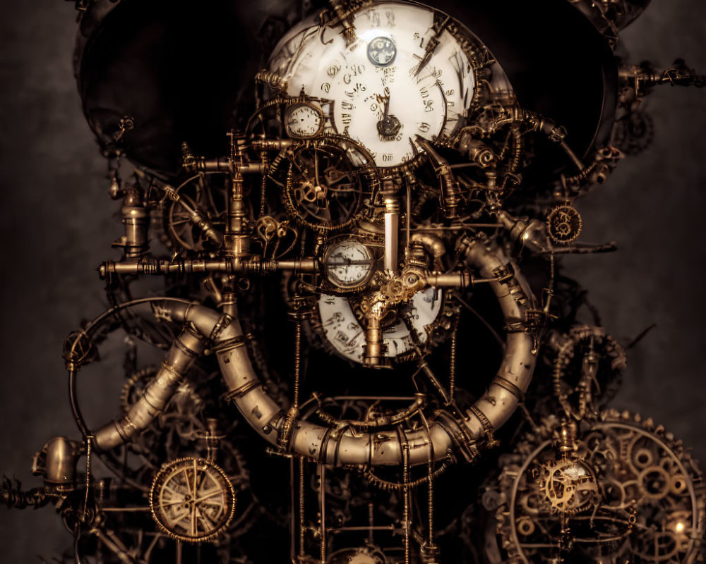 Steampunk-inspired contraption with gears, pipes, dials, and clocks