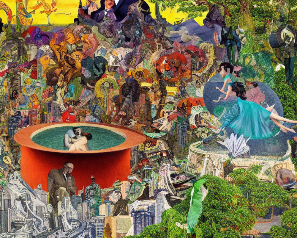 Colorful Collage Featuring Urban, Jungle, and Fantasy Scenes