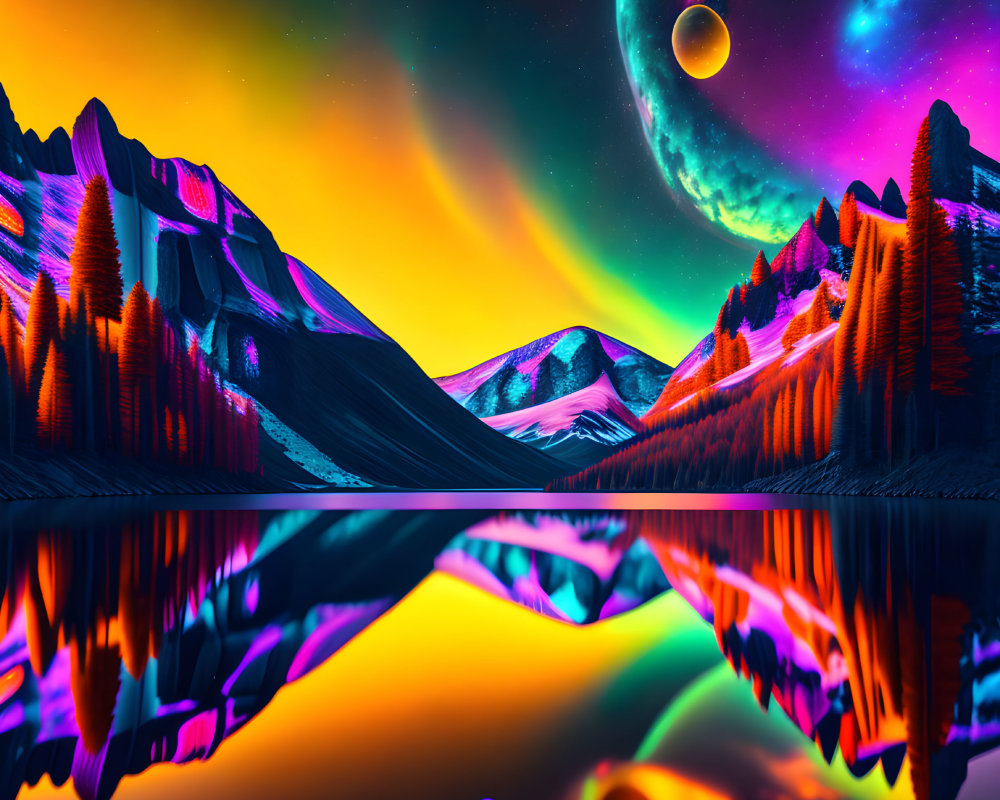 Surreal neon landscape: mountains, pine trees, moon, planet, starry sky