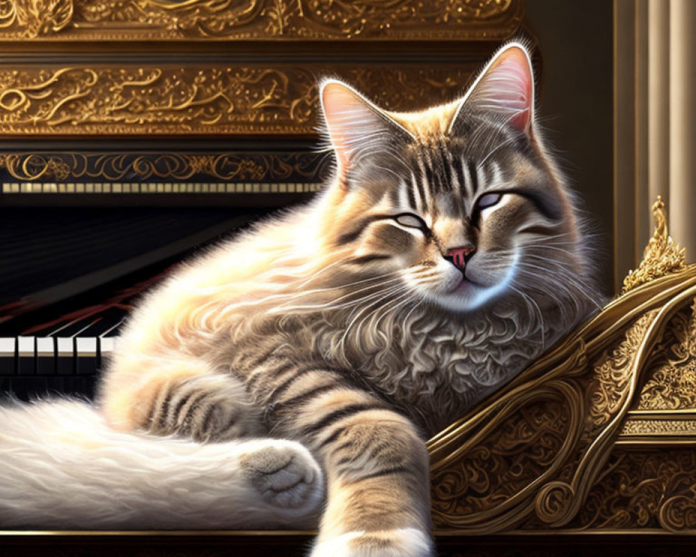 Tabby Cat Relaxing on Black Piano Bench in Opulent Setting