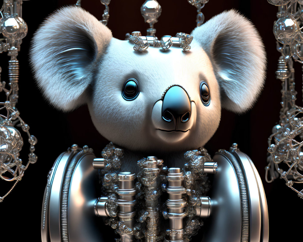 Whimsical robotic koala with metal body and crystal chandeliers