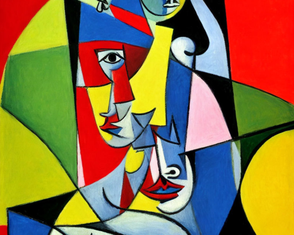 Colorful Cubist Painting of Overlapping Faces with Geometric Shapes