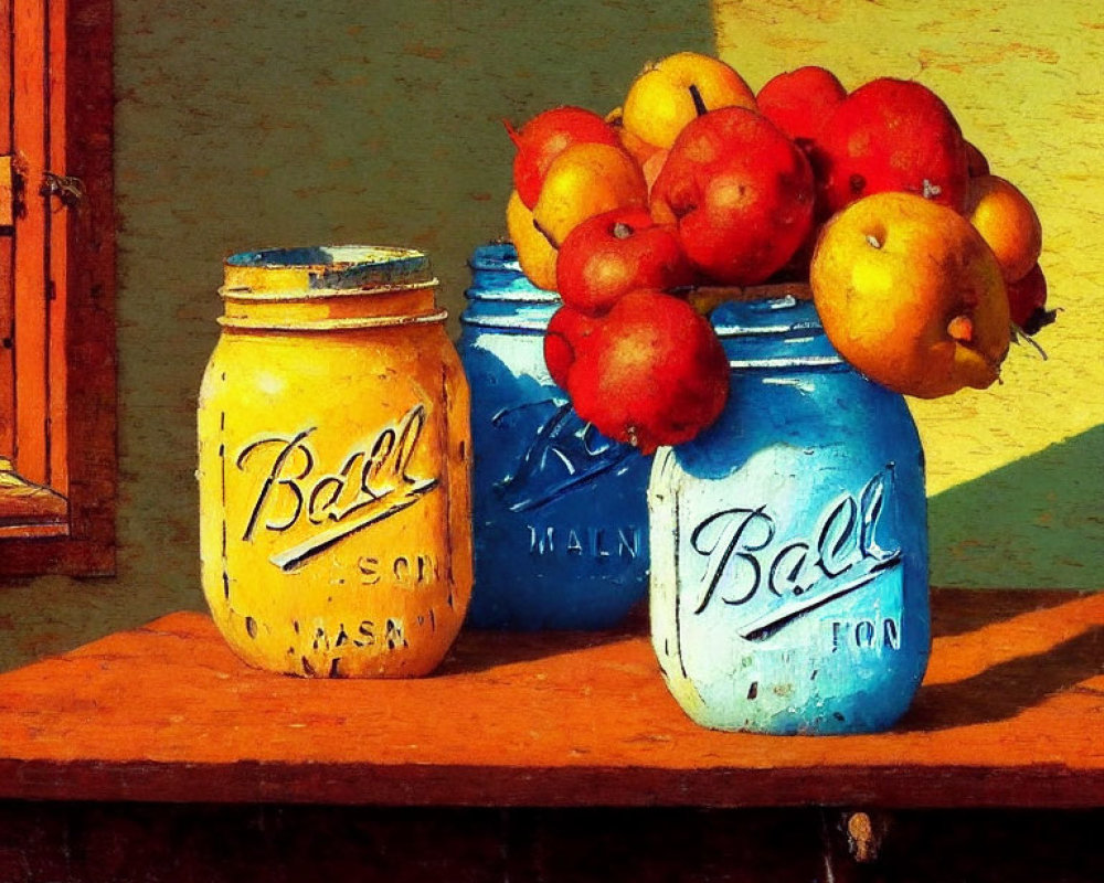 Two colored glass jars with "Ball" inscribed, holding ripe fruit on wooden surface.