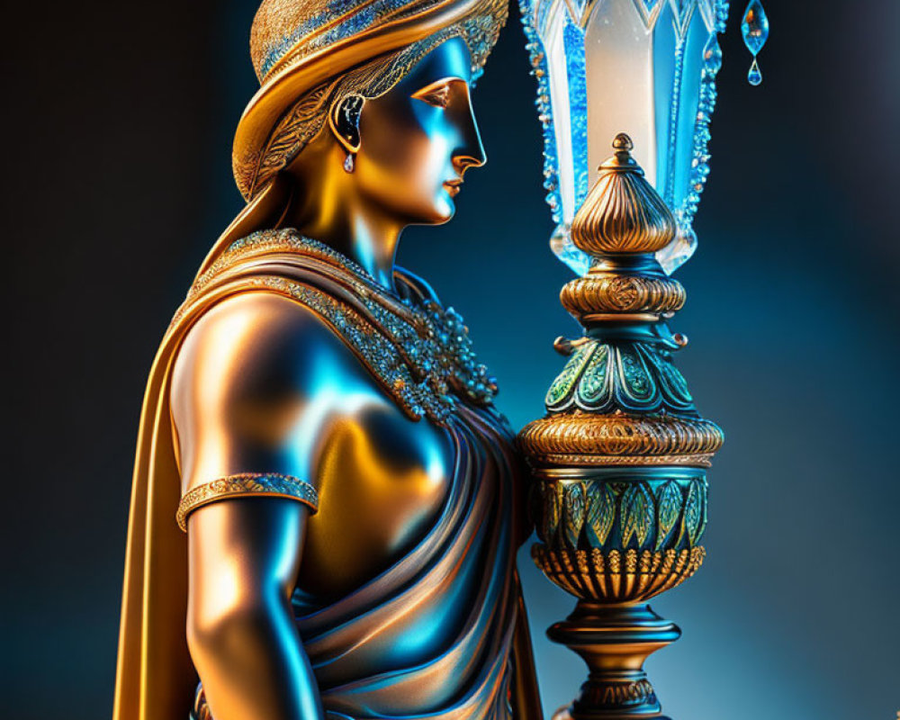 Golden statue of woman with hat and jewelry next to elegant lamp with blue crystals