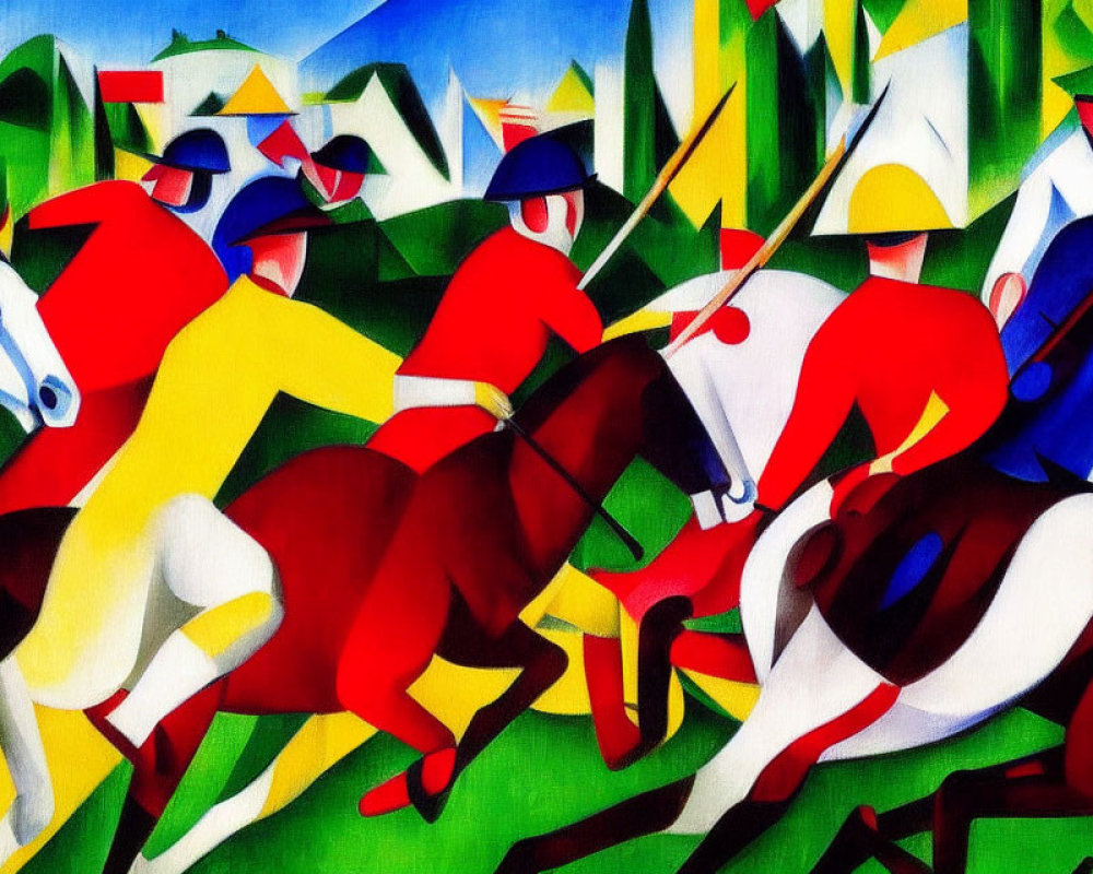 Vibrant abstract painting of racing jockeys on horses