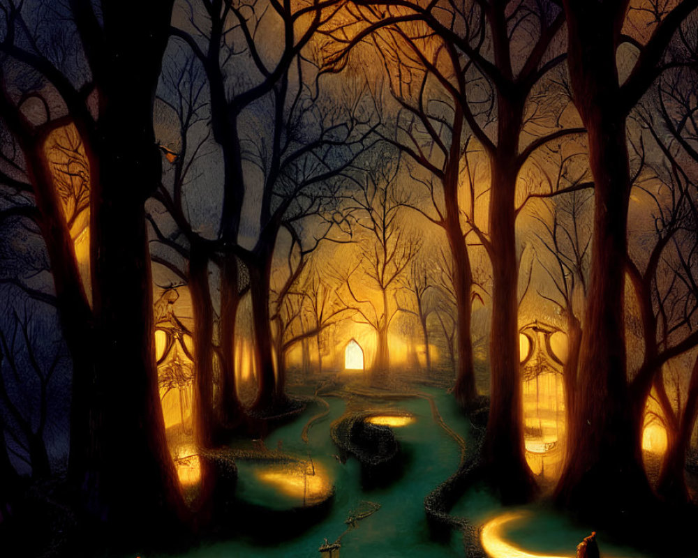 Enchanted night forest with glowing lanterns and mysterious figures