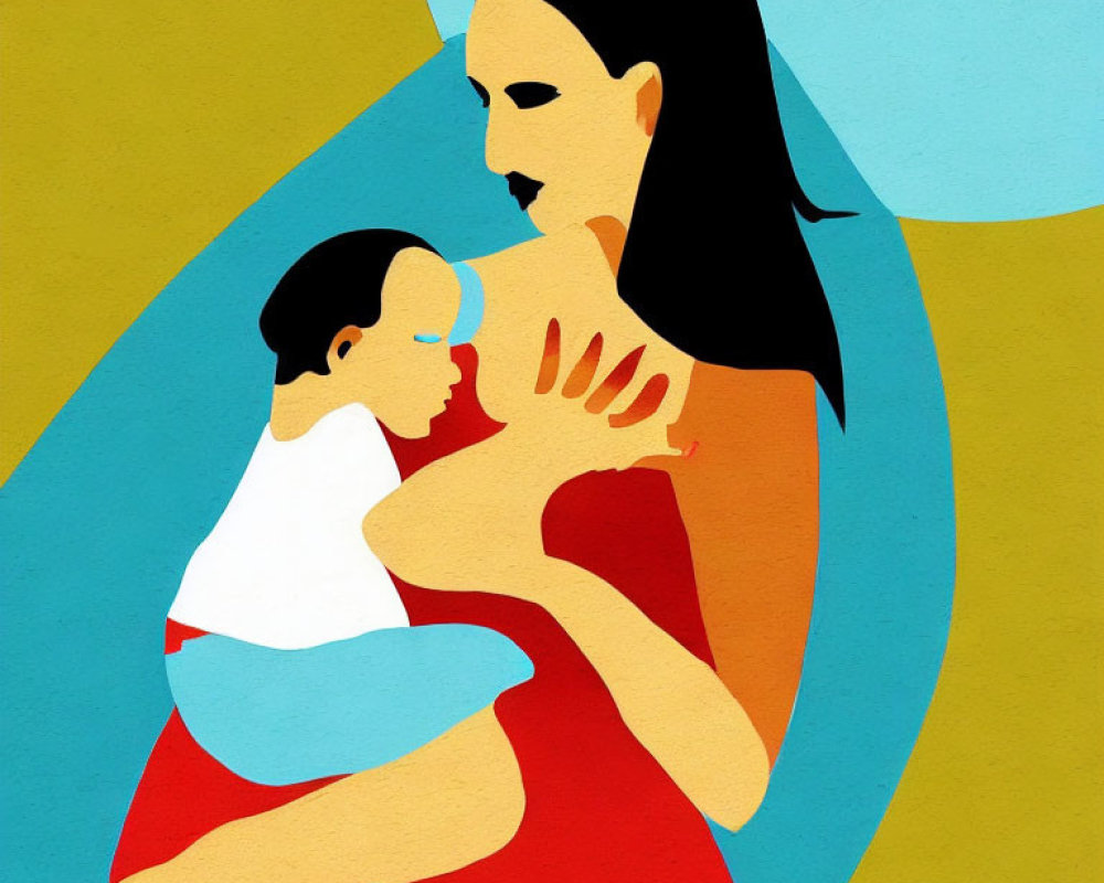 Stylized illustration of mother and baby in red dress, blue and yellow background