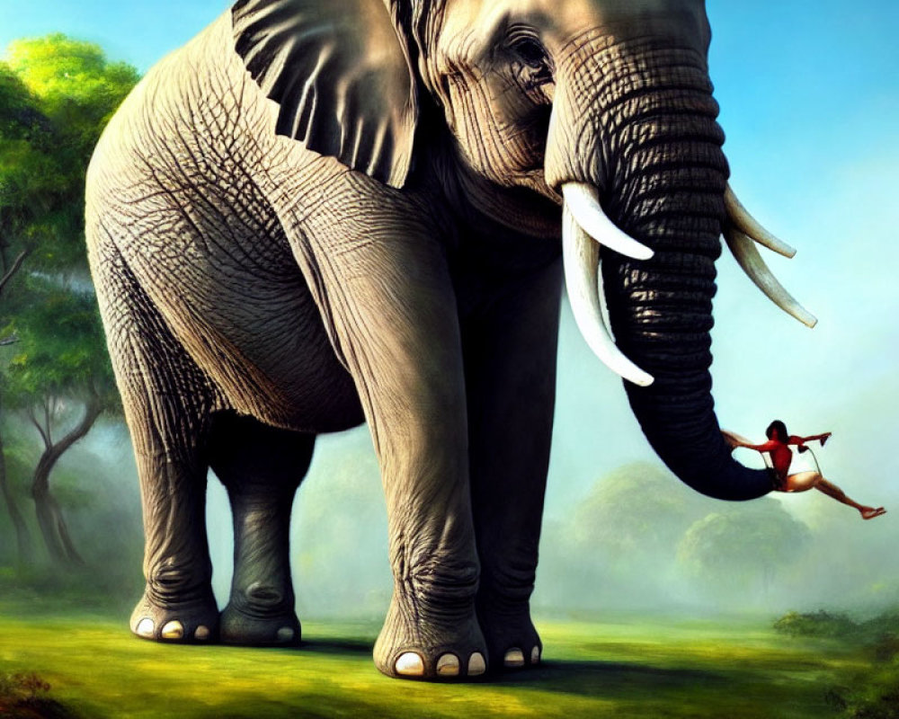 Elephant in lush forest swings person with trunk in red shorts