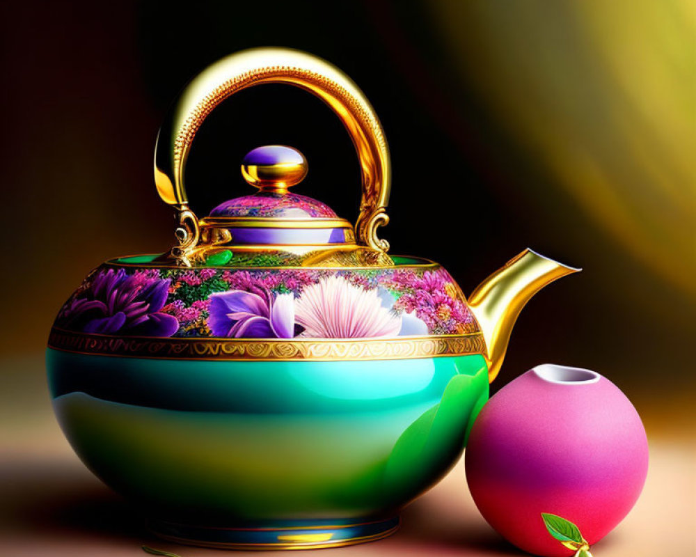 Colorful Floral Teapot Next to Pink Container on Gradient Background