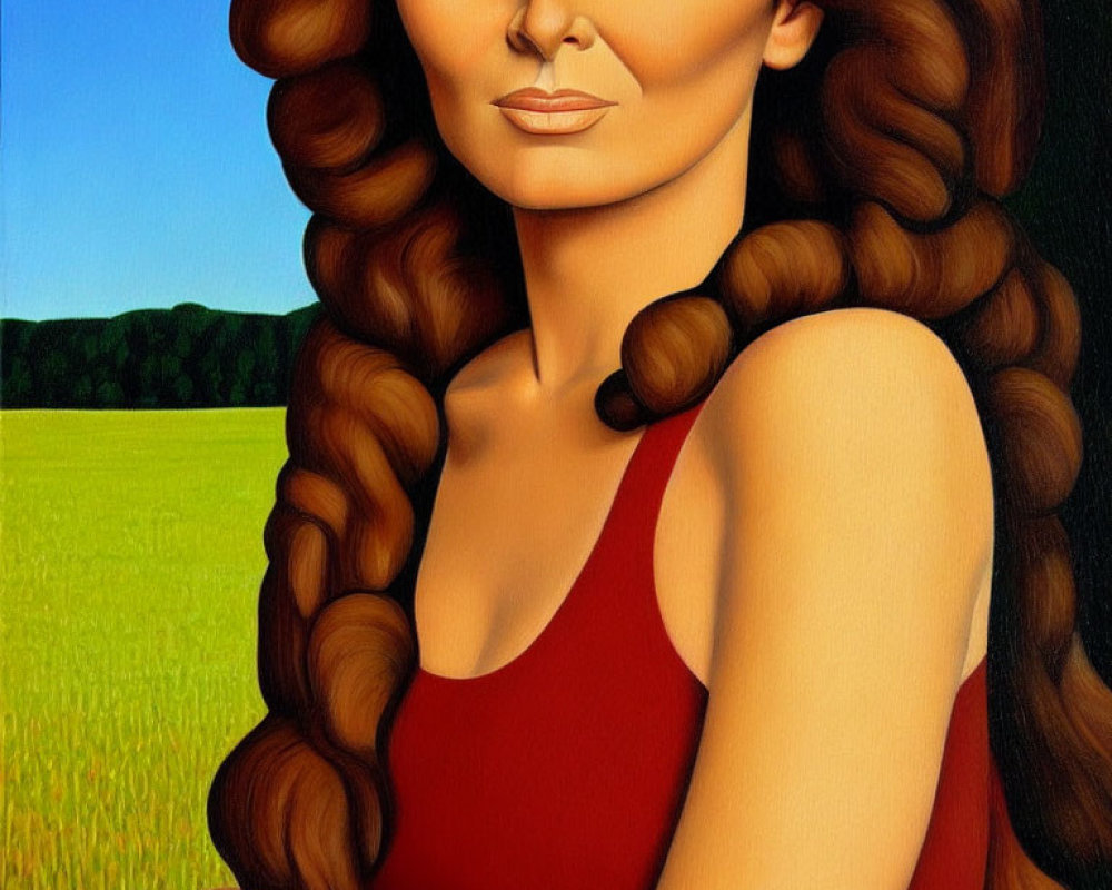 Woman with Long Curly Hair in Red Top on Green Fields and Blue Sky