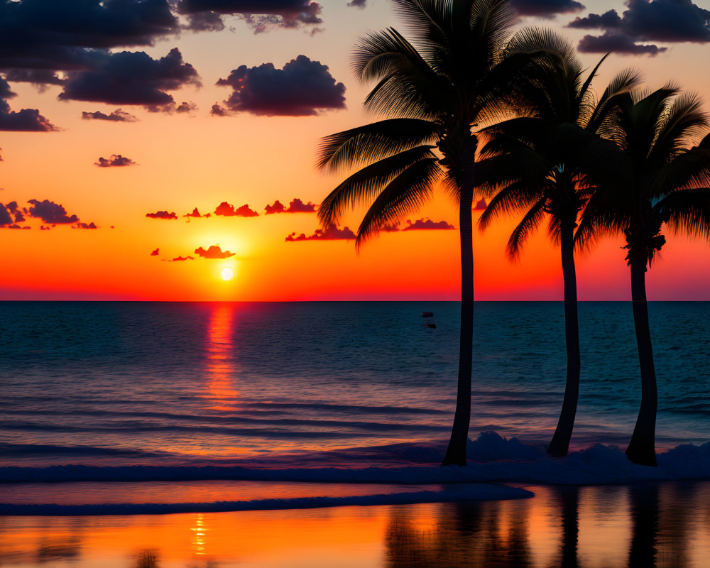 Scenic tropical beach sunset with palm tree silhouettes.