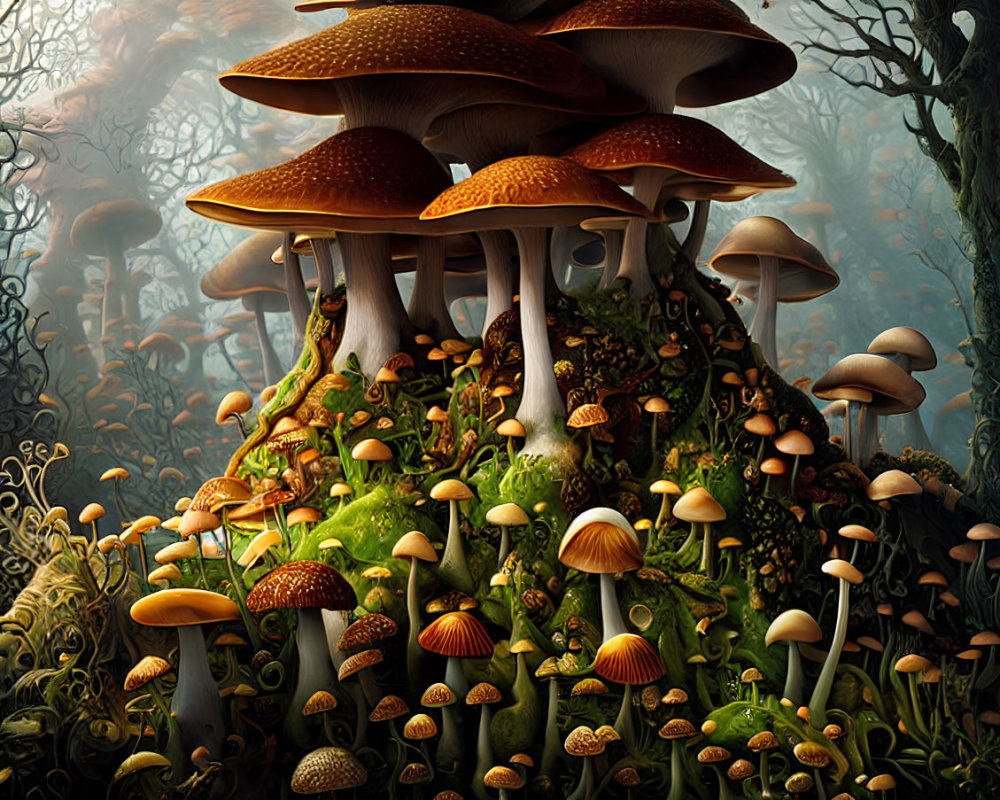 Enchanting forest scene with towering mushrooms and foggy background