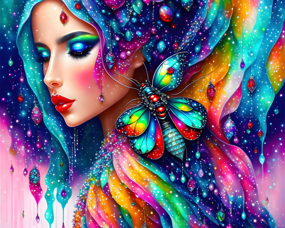 Colorful digital artwork of a woman with flowing hair and iridescent butterfly