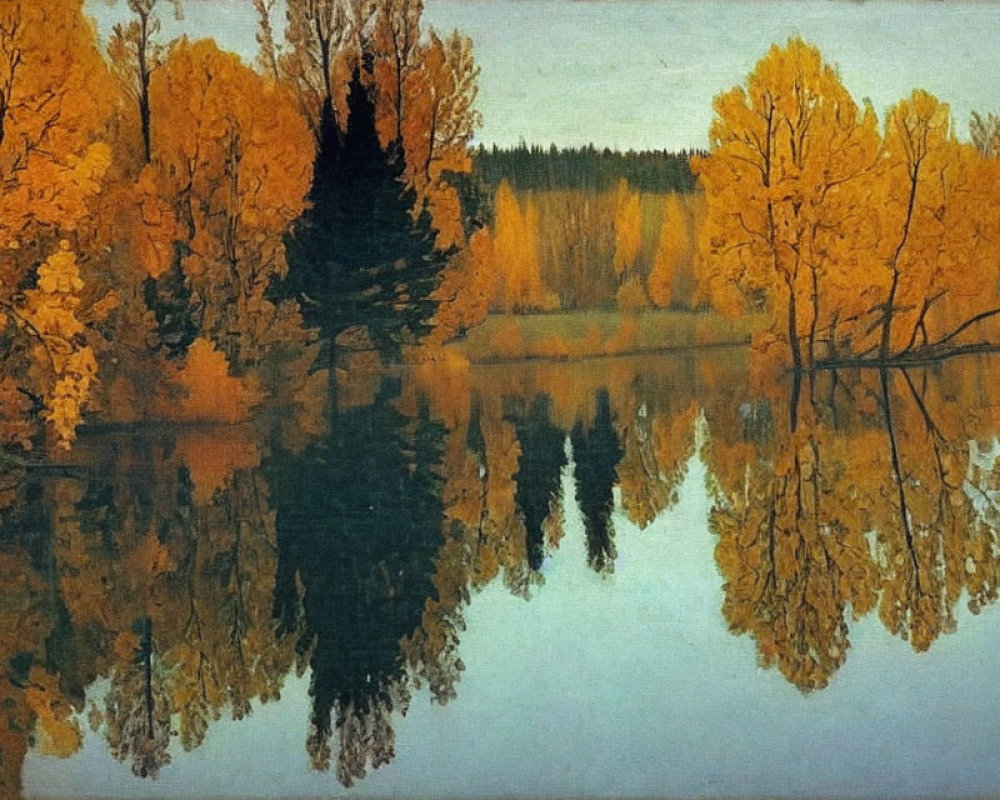 Autumn trees with golden foliage reflecting in a calm lake under a clear sky.