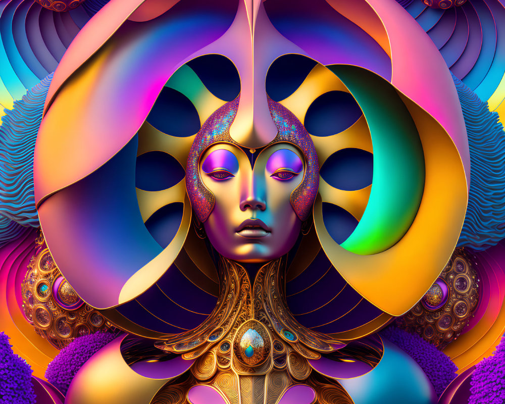 Colorful digital artwork of surreal metallic female figure with fractal patterns in purple, gold, and blue