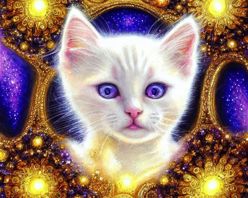 White Cat with Blue Eyes Surrounded by Golden and Purple Fractal Patterns