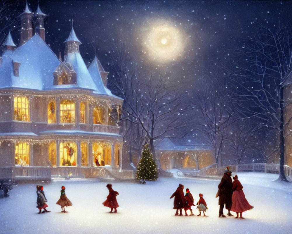 Victorian-style house at night with snow, ice-skating people, and dog walking