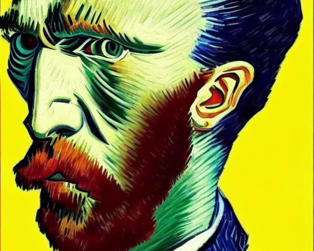 Colorful Portrait of Bearded Man with Intense Eyes on Vibrant Yellow Background