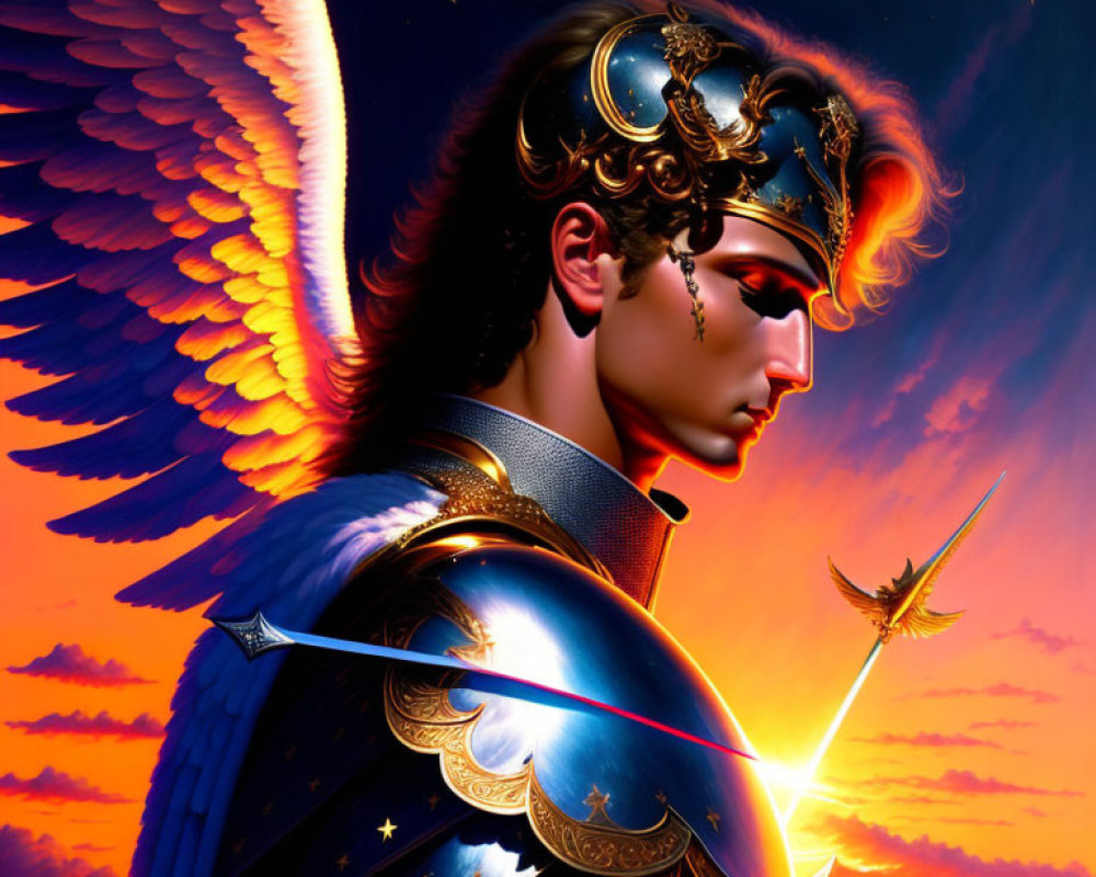 Angel warrior with ornate armor and wings in sunset sky