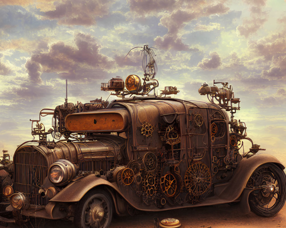 Steampunk-themed retro-futuristic car in desert landscape