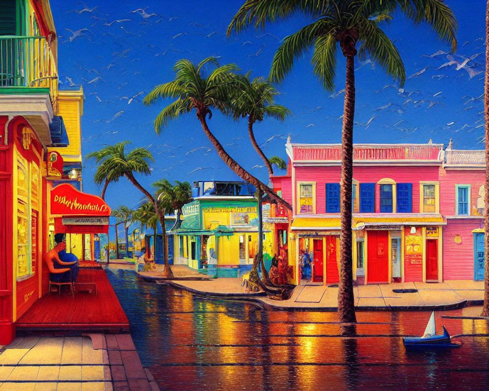 Colorful Street Scene with Palm Trees, Buildings, and Waterway