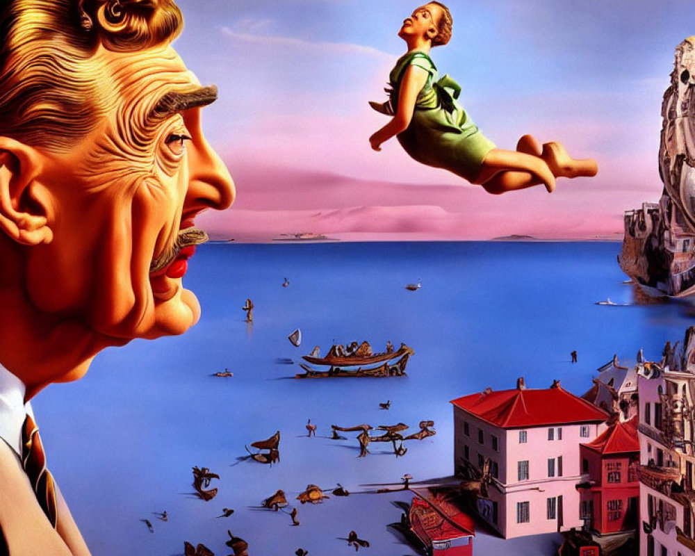 Surreal artwork: man's face with landscape on head, girl floating towards extended tongue.